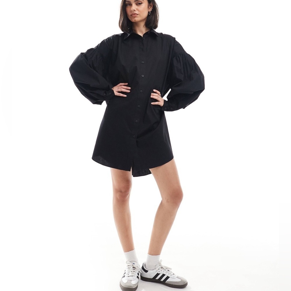 ASOS DESIGN Curve boyfriend shirt mini dress with blouson sleeve in black size 6